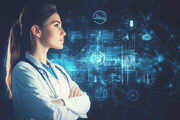 Medical professional analyzing advanced technology in a futuristic healthcare setting