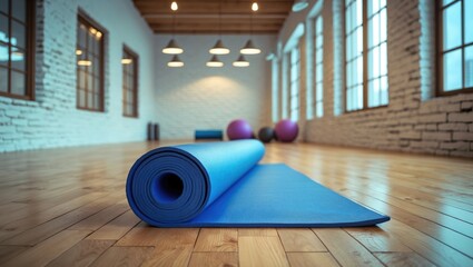 Unrolled yoga mat on wooden flooring in a contemporary fitness center or at home with large windows and white brick walls, a cozy area for performing sport exercises, meditating, and yoga equipment.