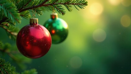 Obraz premium Hanging glass balls in shades of red and green amidst lush evergreen branches , holly, glass