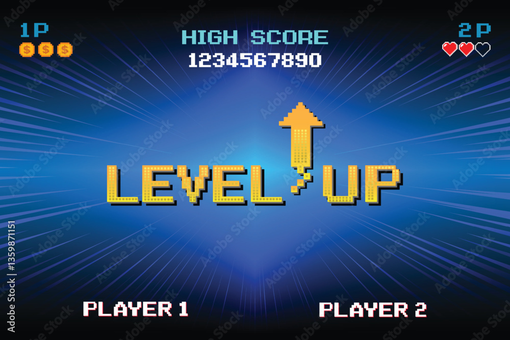 Poster level up. insert a coin to continue .pixel art .8 bit game for game assets in vector illustrations. 