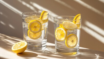 Two glasses filled with water and lemon slices against a sunlit backdrop with shade. Concept of summer refreshment. Minimalistic style.