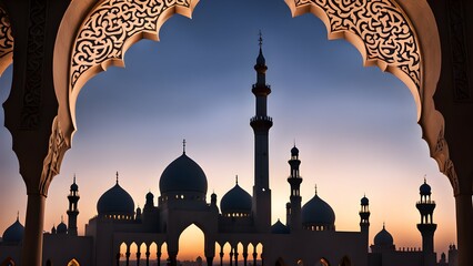 Silhouette a grand mosque sunset, viewed through an intricately carved arch.