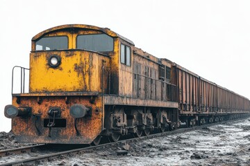 Obraz premium Rusty yellow train engine on a foggy day with freight cars in the background, desolate landscape