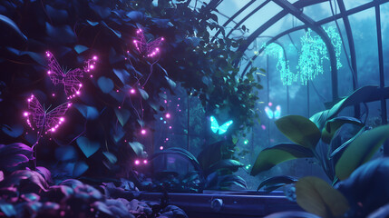 Pixel art futuristic greenhouse with glowing tech-enhanced vines