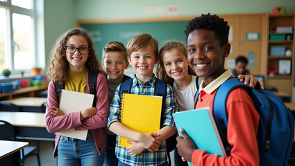Cheerful diverse schoolchildren pose in classroom holding notebooks and backpacks smiling happily after school reopening embodying diversity and back to school concept concept as Cheerful diverse scho