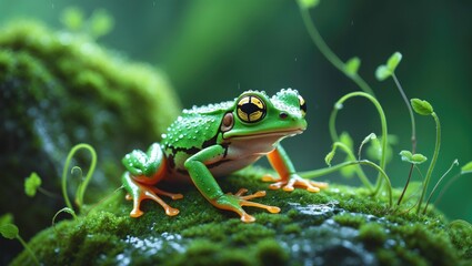 Obraz premium A hylarana picturata frog perched on moss, captured in close-up.