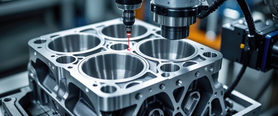 Automatic coordinate measurement machine (CMM) used for inspecting a high-precision engine block while in operation.