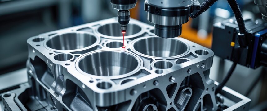 Automatic coordinate measurement machine (CMM) used for inspecting a high-precision engine block while in operation.