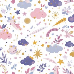 Magical seamless pattern of unicorns, fairies, shooting stars, clouds, and sparkles in pastel tones Generative AI