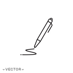 pen icon, hand writing, thin line symbol concept isolated on white background, editable stroke eps 10 vector illustration