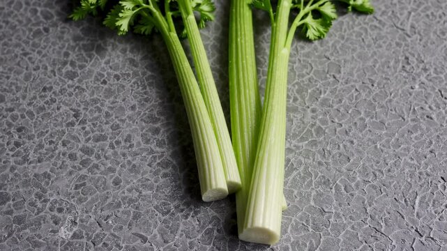 Fresh celery on granite surface: rotating view of crisp green stalks. 4k stock footage