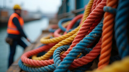 Vibrant Close-Up of Colorful Shipping Ropes: Capturing the Essence of the Maritime Industry with Dockworkers and Cargo Ships in the Background - Stock Photo Concept