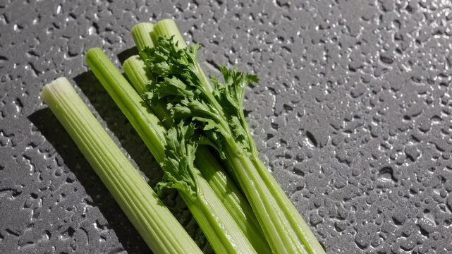 Fresh celery stalks on wet surface: vibrant green textures and water droplets highlighted. 4k stock footage