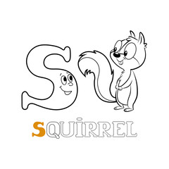 A black-and-white linear vector illustration featuring the letter S next to a squirrel. 