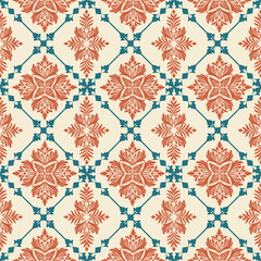 Fototapeta premium Luxurious seamless pattern with intricate baroque floral designs in reddish-orange and deep teal on cream. Perfect for textile design, wallpaper, home decor and print projects with a classic elegance.