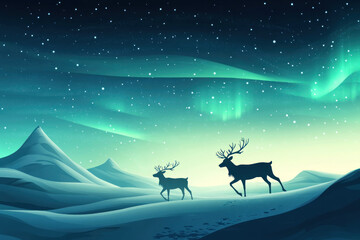 silhouettes of reindeers against snowy landscape illuminated by northern lights. winter wildlife scene under starry night sky. holiday decoration, postcard, or nature-themed design.