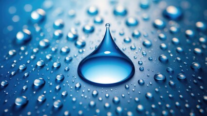 Water droplets in droplet shape on a blue backdrop. Environmental care.