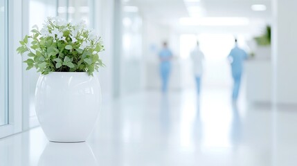 Minimalist Clinical Workspace with Organized Documentation, Blurred Healthcare Professionals Collaborating in a Bright, Clear Atmosphere, Trustworthy Professional Tones