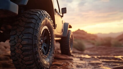 Offroad Vehicle Tire and Wheel on Rocky Terrain at Sunset