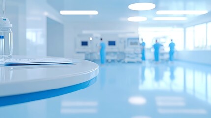 Clinical workspace with organized documents, blurred medical staff collaborating, minimalist design, calming blue-white color scheme representing professionalism and clarity