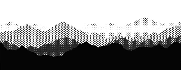 Halftone dots background, mountain landscape, dotted pop art hills fading dts black and white banner, monochrome panorama vector illustration