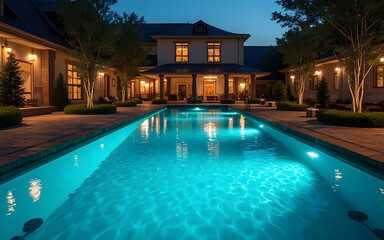 Fototapeta premium Inviting turquoise pool glowing at dusk in front of luxury villa