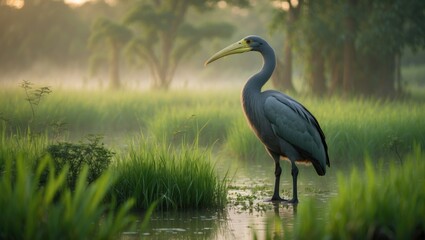 Fototapeta premium At Udanda birdwatching, the shoebill can be spotted in the vibrant green grass and bushes of the Swamp.