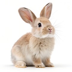 Obraz premium A fluffy white rabbit, a cute domestic pet, sits isolated against a pure white background
