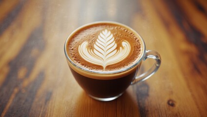 Amazing latte art displayed in an espresso cup against a wooden backdrop. Present toning. A minimalist design. Available copy space in a top view flat lay for your content.