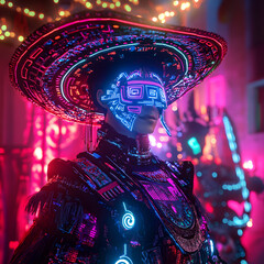 Futuristic Mexican cyber-shaman in vibrant neon attire at a night festival in a cyberpunk city