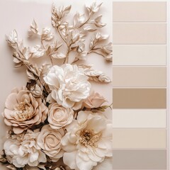 Elegant floral composition with roses, peonies, and golden leaves on light pink background beside a soft neutral color palette.