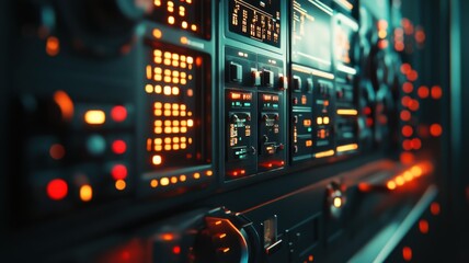 Obraz premium Futuristic control panel with glowing lights and buttons in a dimly lit environment. Low-voltage energy equipment