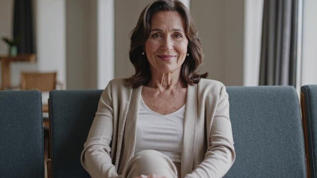 50 year old brunette with wavy hair sits with legs crossed in a waiting room and smiles broadly, slow moving camera
