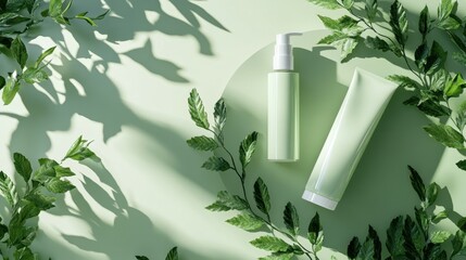 3D green background with shadow. Natural, organic beauty, cosmetics, product display with round copy space. 3D render mockup. Minimal trendy nature illustration for branding.