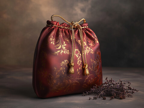 Luxurious reddish brown leather drawstring pouch
