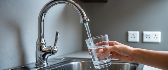 Water is flowing from the kitchen tap. A girl fills a glass with water from the tap in the kitchen.