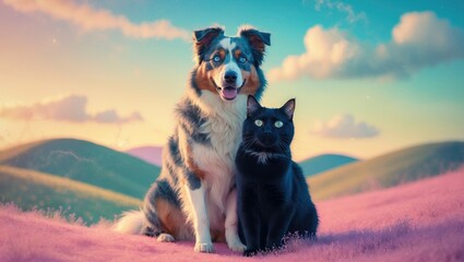 Australian Shepherd and cat are best friends.