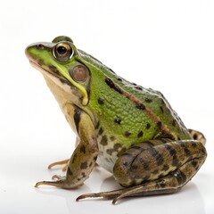 Naklejka premium Close-up of a frog on a white background showing its green and brown colors and detailed eye