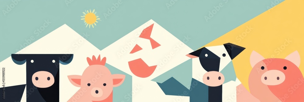 Aufkleber geometric illustration featuring cows, pigs, and chickens in a modern vibrant design with a minimali