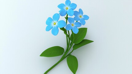Delicate, light blue flowers with yellow centers on a green stem with leaves against an off-white background