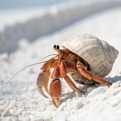 A red hermit crab, a marine crustacean with a white shell, walks on the tropical beach sand