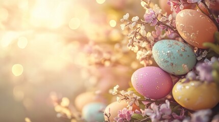 Obraz premium A delicate pastel Easter background with softly painted eggs, intricate floral vines, and golden light filtering through. 