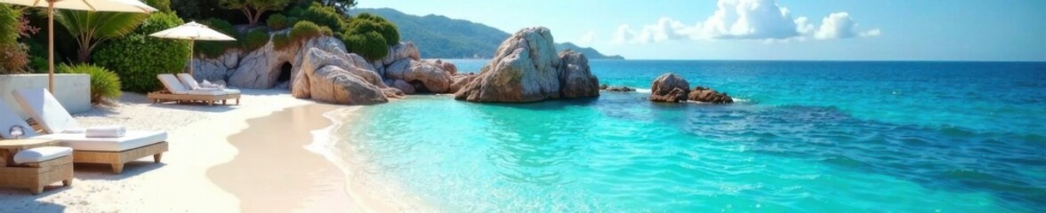 Fototapeta premium Luxury villa's edge drops into crystal-clear waters with white sand and sun-kissed rocks in the background, natural stone, sunny day