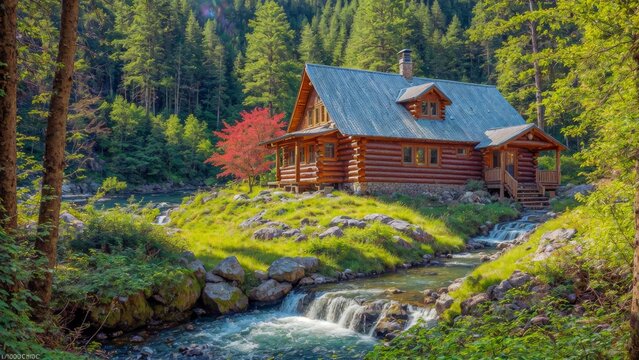 Cozy Cabin by Lake with Blooming Lilac Flowers, Peaceful Lakeside Retreat. - Powered by Adobe