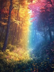 Magical fantasy fairytale forest with rainbow and trees