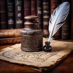Antique ink bottle and feather quill on aged parchment with vintage books in the background