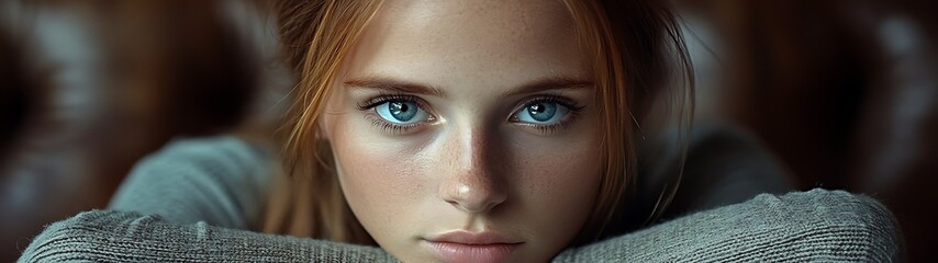 Fototapeta premium Beautiful young woman with captivating blue eyes looking at camera