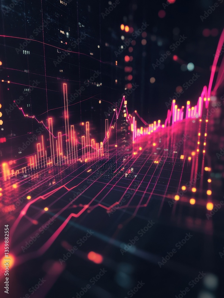 Poster digital financial chart with glowing lines and data visualization on a dark background.