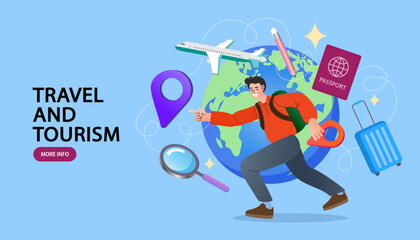 Traveling Around the World. Air Transportation Concept. Travel by Airplane. World Map and Earth Globe Design with Plane Flying Intercontinental Routes to Various Destinations