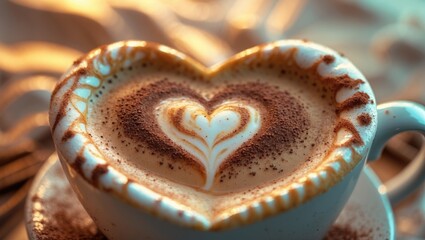 A frothed cappuccino shaped like a heart.